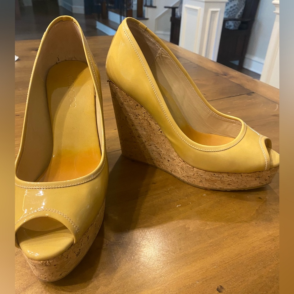 Jimmy Choo Patent Leather Yellow Cork Wedge Open Toe Sandals  Sz 37.5 US 7